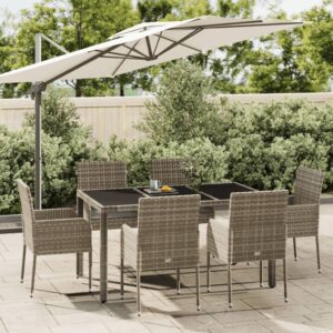 7 Piece Garden Dining Set with Cushions Grey Poly Rattan