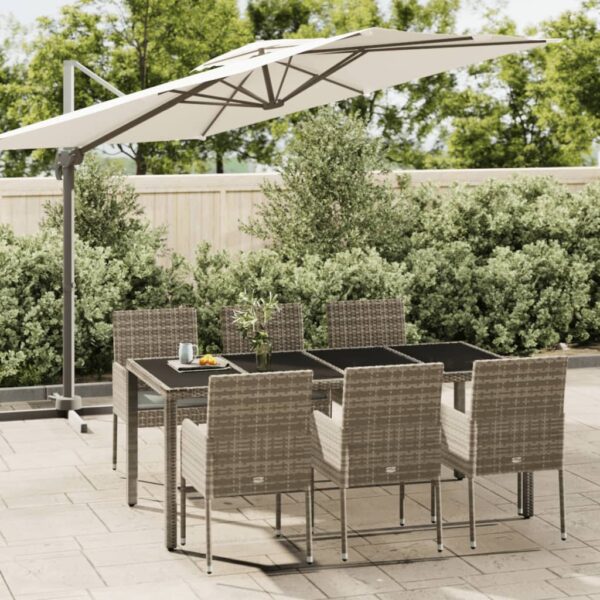 7 Piece Garden Dining Set with Cushions Grey Poly Rattan