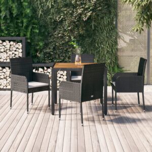 5 Piece Garden Dining Set with Cushions Black Poly Rattan