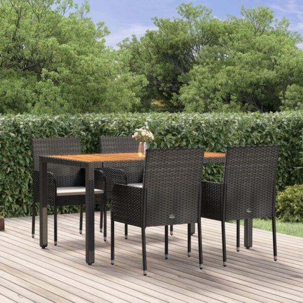 5 Piece Garden Dining Set with Cushions Black Poly Rattan