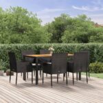 7 Piece Garden Dining Set with Cushions Black Poly Rattan