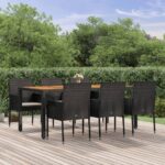 7 Piece Garden Dining Set with Cushions Black Poly Rattan