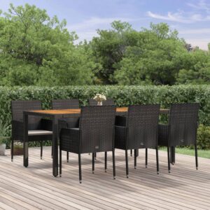 7 Piece Garden Dining Set with Cushions Black Poly Rattan