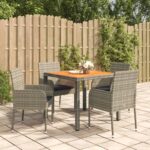 5 Piece Garden Dining Set with Cushions Grey Poly Rattan