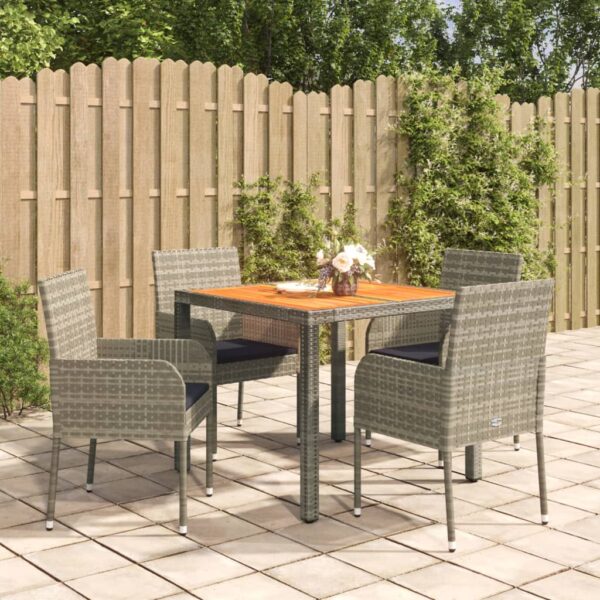 5 Piece Garden Dining Set with Cushions Grey Poly Rattan