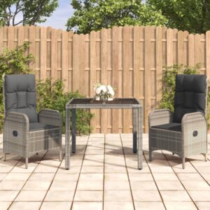 3 Piece Garden Dining Set with Cushions Grey Poly Rattan