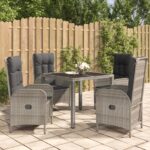 5 Piece Garden Dining Set with Cushions Grey Poly Rattan