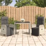 3 Piece Garden Dining Set with Cushions Grey Poly Rattan