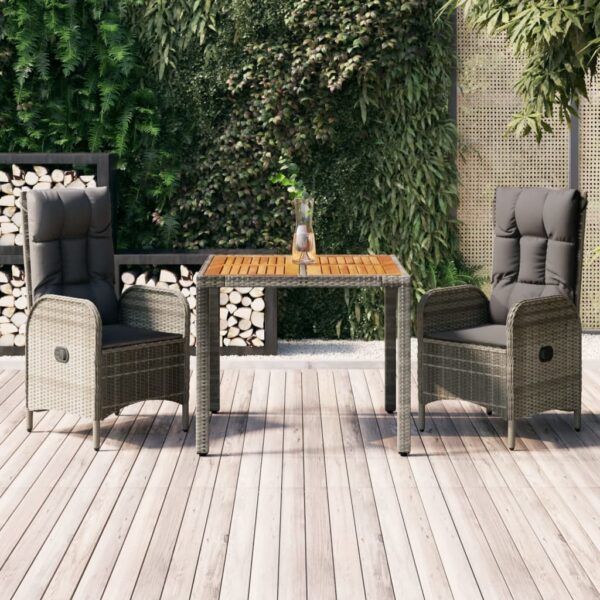 3 Piece Garden Dining Set with Cushions Grey Poly Rattan