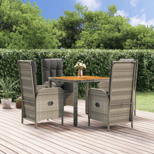 5 Piece Garden Dining Set with Cushions Grey Poly Rattan