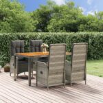 5 Piece Garden Dining Set with Cushions Grey Poly Rattan