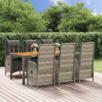 7 Piece Garden Dining Set with Cushions Grey Poly Rattan