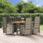 7 Piece Garden Dining Set with Cushions Grey Poly Rattan