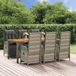 7 Piece Garden Dining Set with Cushions Grey Poly Rattan