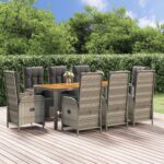 9 Piece Garden Dining Set with Cushions Grey Poly Rattan