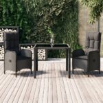 3 Piece Garden Dining Set with Cushions Black Poly Rattan