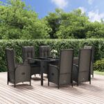 7 Piece Garden Dining Set with Cushions Black and Grey Poly Rattan