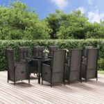 9 Piece Garden Dining Set with Cushions Black and Grey Poly Rattan