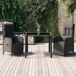 3 Piece Garden Dining Set with Cushions Black Poly Rattan