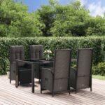 5 Piece Garden Dining Set with Cushions Black Poly Rattan