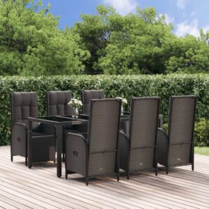 7 Piece Garden Dining Set with Cushions Black Poly Rattan