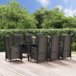 9 Piece Garden Dining Set with Cushions Black Poly Rattan