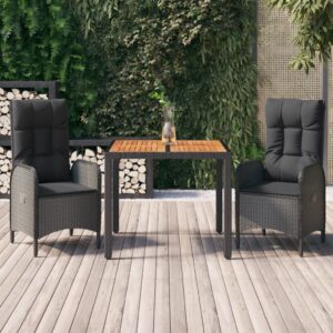 3 Piece Garden Dining Set with Cushions Black Poly Rattan