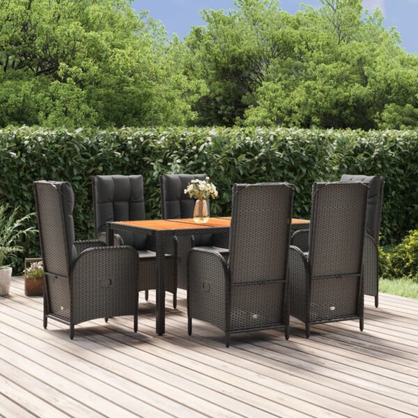 7 Piece Garden Dining Set with Cushions Black Poly Rattan