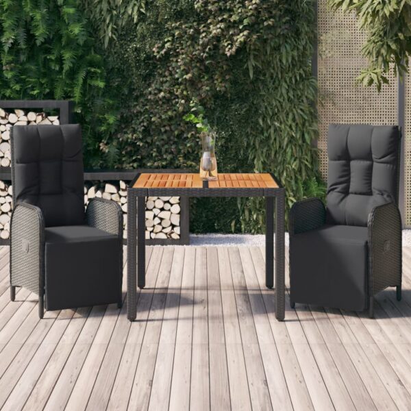 3 Piece Garden Dining Set with Cushions Black Poly Rattan