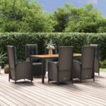 7 Piece Garden Dining Set with Cushions Black Poly Rattan