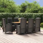 9 Piece Garden Dining Set with Cushions Black Poly Rattan