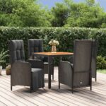 5 Piece Garden Dining Set with Cushions Black Poly Rattan