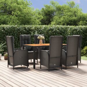 7 Piece Garden Dining Set with Cushions Black Poly Rattan