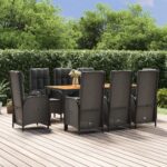 9 Piece Garden Dining Set with Cushions Black Poly Rattan