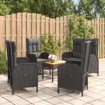 5 Piece Garden Dining Set with Cushions Black Poly Rattan