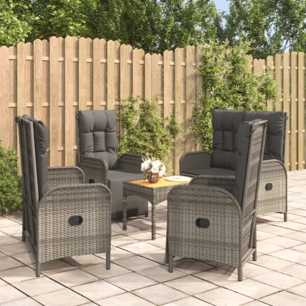 5 Piece Garden Dining Set with Cushions Grey Poly Rattan