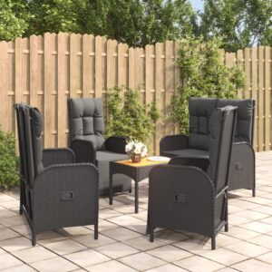 5 Piece Garden Dining Set with Cushions Black Poly Rattan