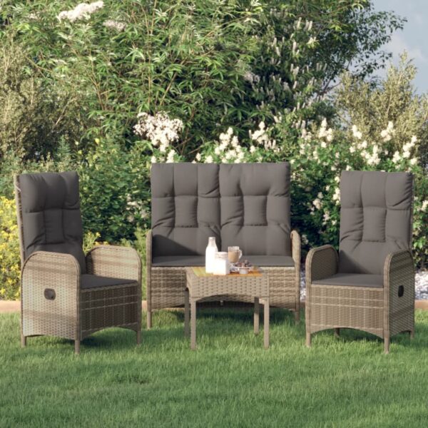 3 Piece Garden Dining Set with Cushions Grey Poly Rattan