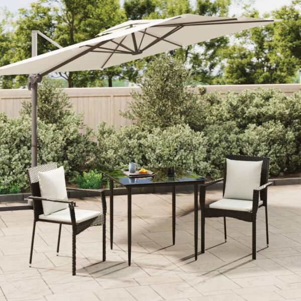 3 Piece Garden Dining Set with Cushions Black Poly Rattan