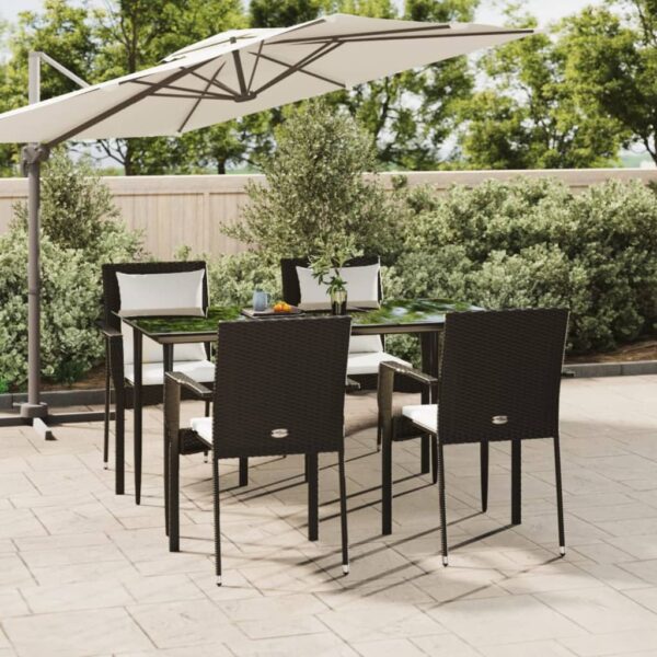 5 Piece Garden Dining Set with Cushions Black Poly Rattan