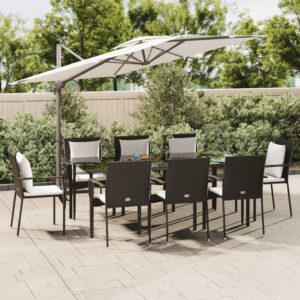 7 Piece Garden Dining Set with Cushions Black Poly Rattan