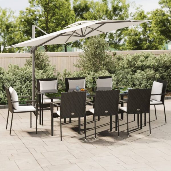 7 Piece Garden Dining Set with Cushions Black Poly Rattan