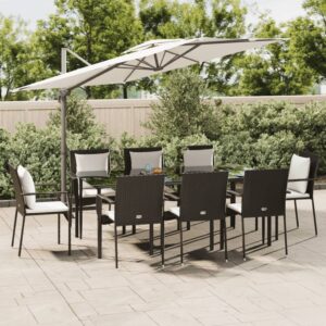 9 Piece Garden Dining Set with Cushions Black Poly Rattan