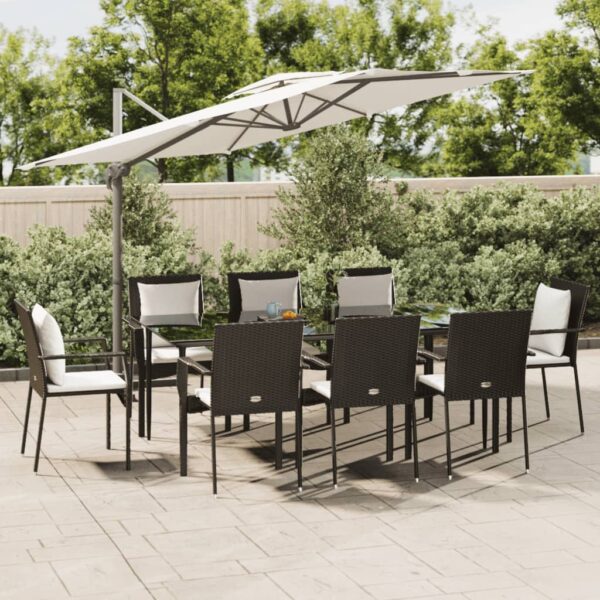 9 Piece Garden Dining Set with Cushions Black Poly Rattan