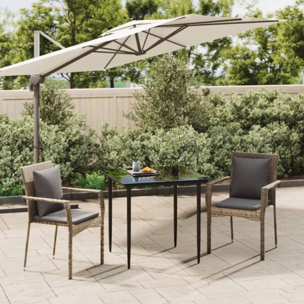 3 Piece Garden Dining Set with Cushions Black and Grey Poly Rattan