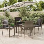 5 Piece Garden Dining Set with Cushions Black and Grey Poly Rattan