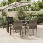 5 Piece Garden Dining Set with Cushions Black and Grey Poly Rattan