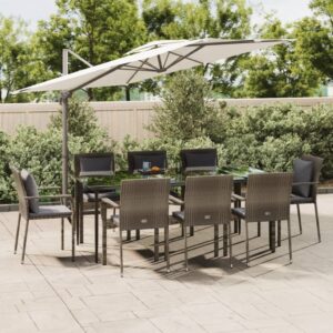 9 Piece Garden Dining Set with Cushions Black and Grey Poly Rattan