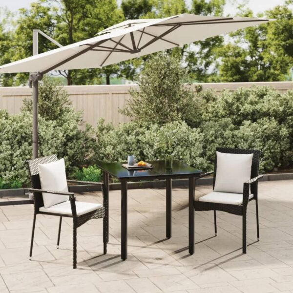 3 Piece Garden Dining Set with Cushions Black Poly Rattan