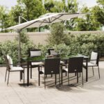 7 Piece Garden Dining Set with Cushions Black Poly Rattan